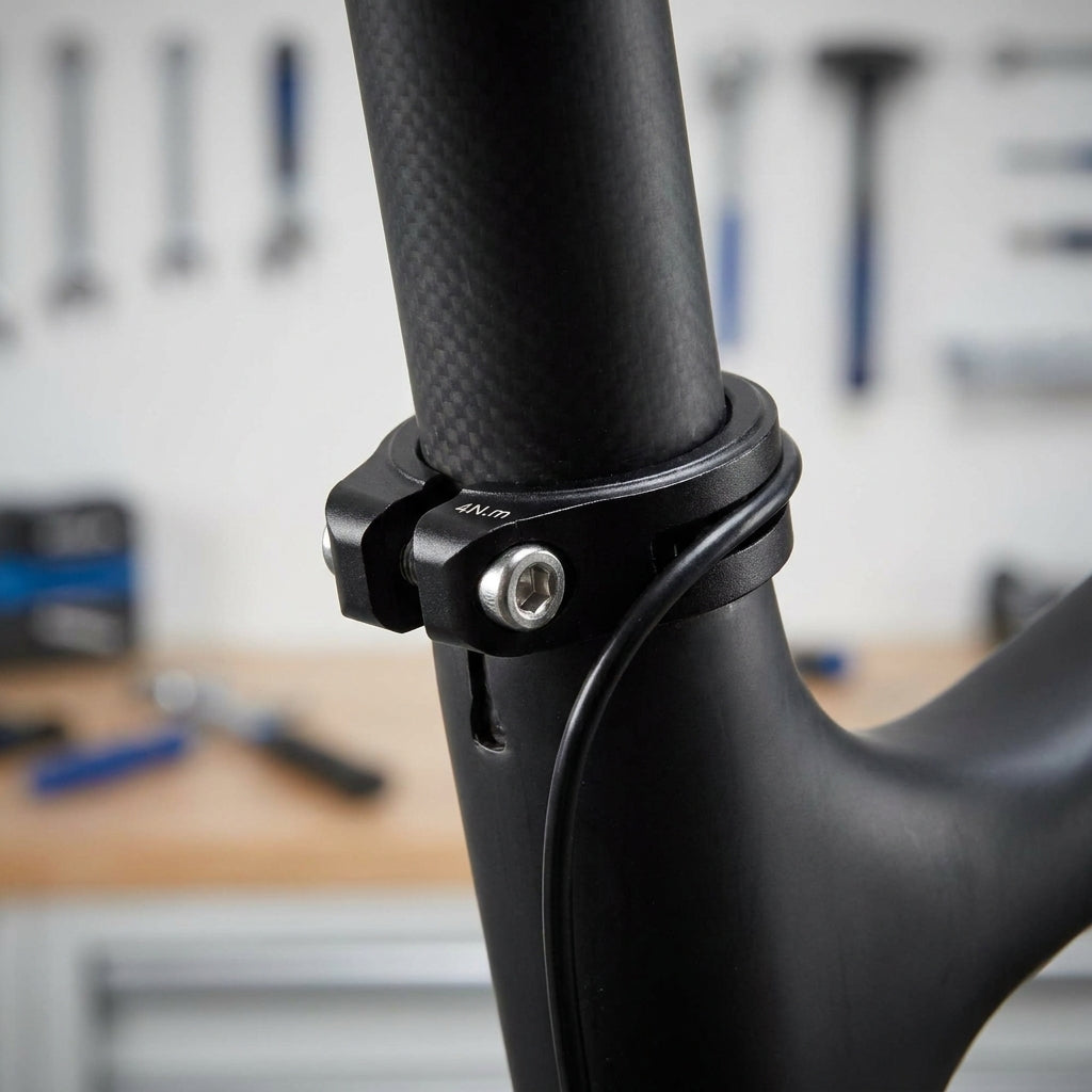 XLC All MTN Sattelstützklemmring Ø 34,9mm schwarz an Carbonrahmen und Sattelstütze, mit 4Nm Drehmomentangabe.