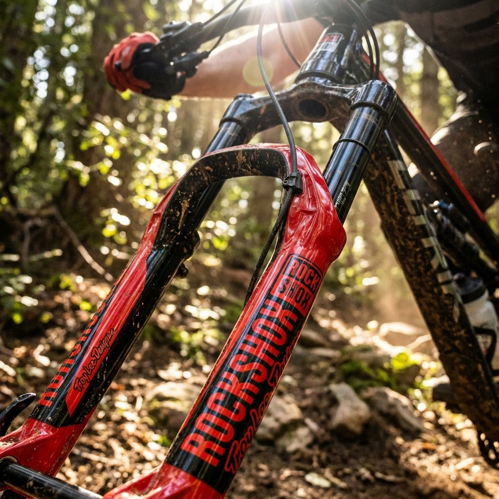 RockShox Troy Lee Designs Dekor Kit auf roter Mountainbike Federgabel im Einsatz auf sonnigem Trail.