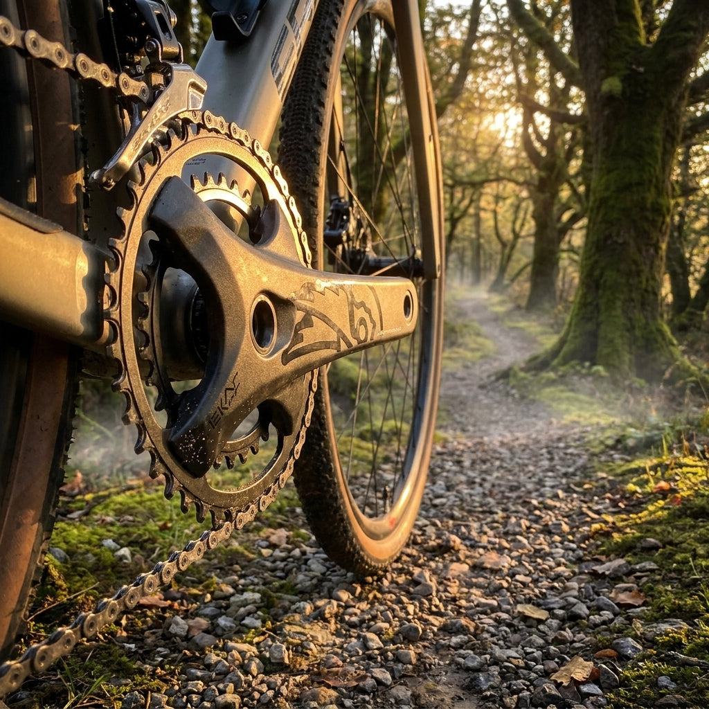KRG Ekar GT 13s 13-fach Kurbelgarnitur 38Z. am Gravelbike auf sonnigem Waldweg.
