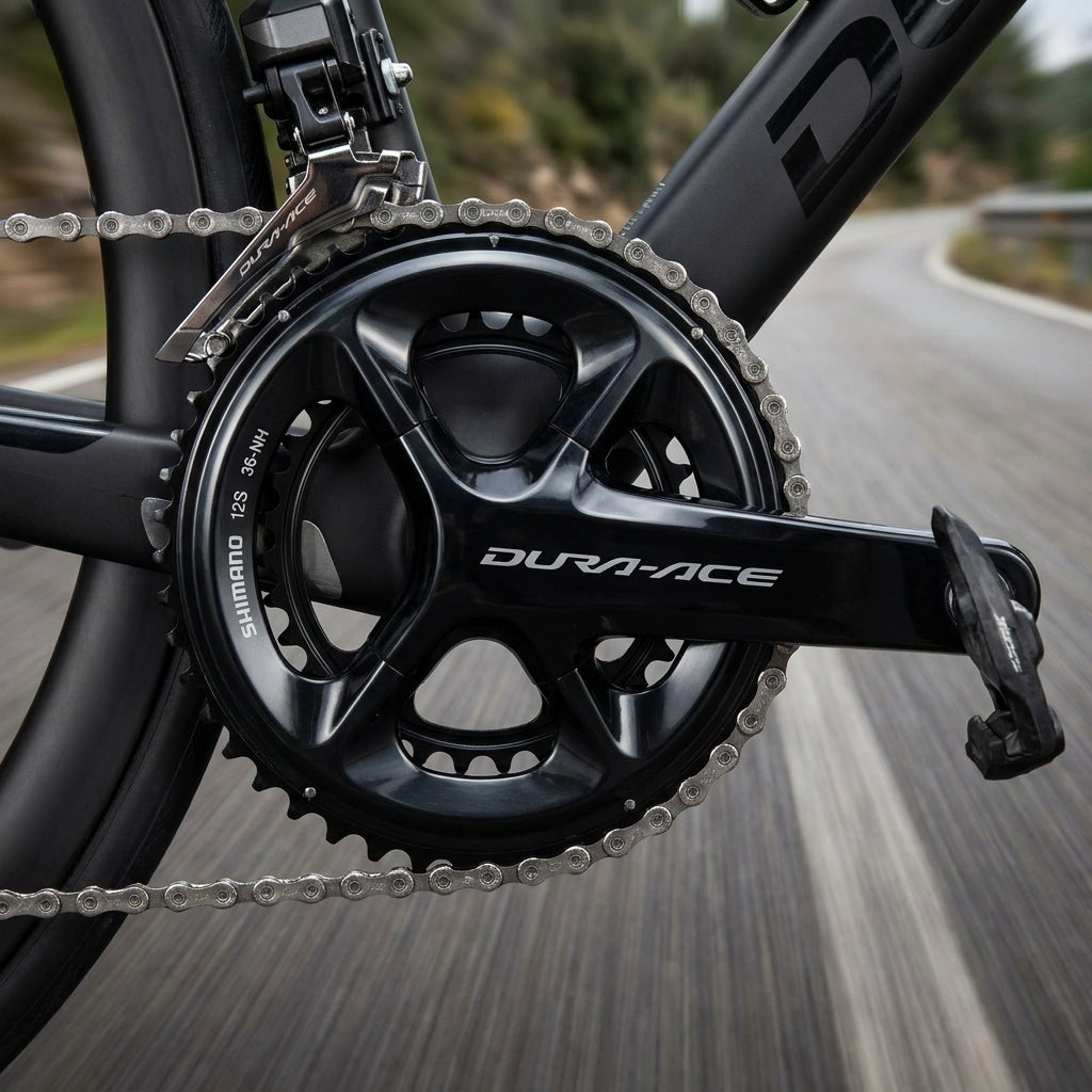 Nahaufnahme des schwarzen SHIMANO DURA-ACE FC-R9200 Kettenblatts (36 Zähne) an einem High-Performance Rennrad.