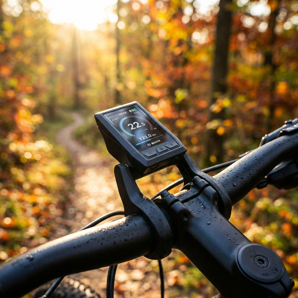 Ergotec Bosch Kiox Display Halter für 31,8mm Lenkerklemmung am E-Bike Lenker im Herbstwald auf dem Trail.