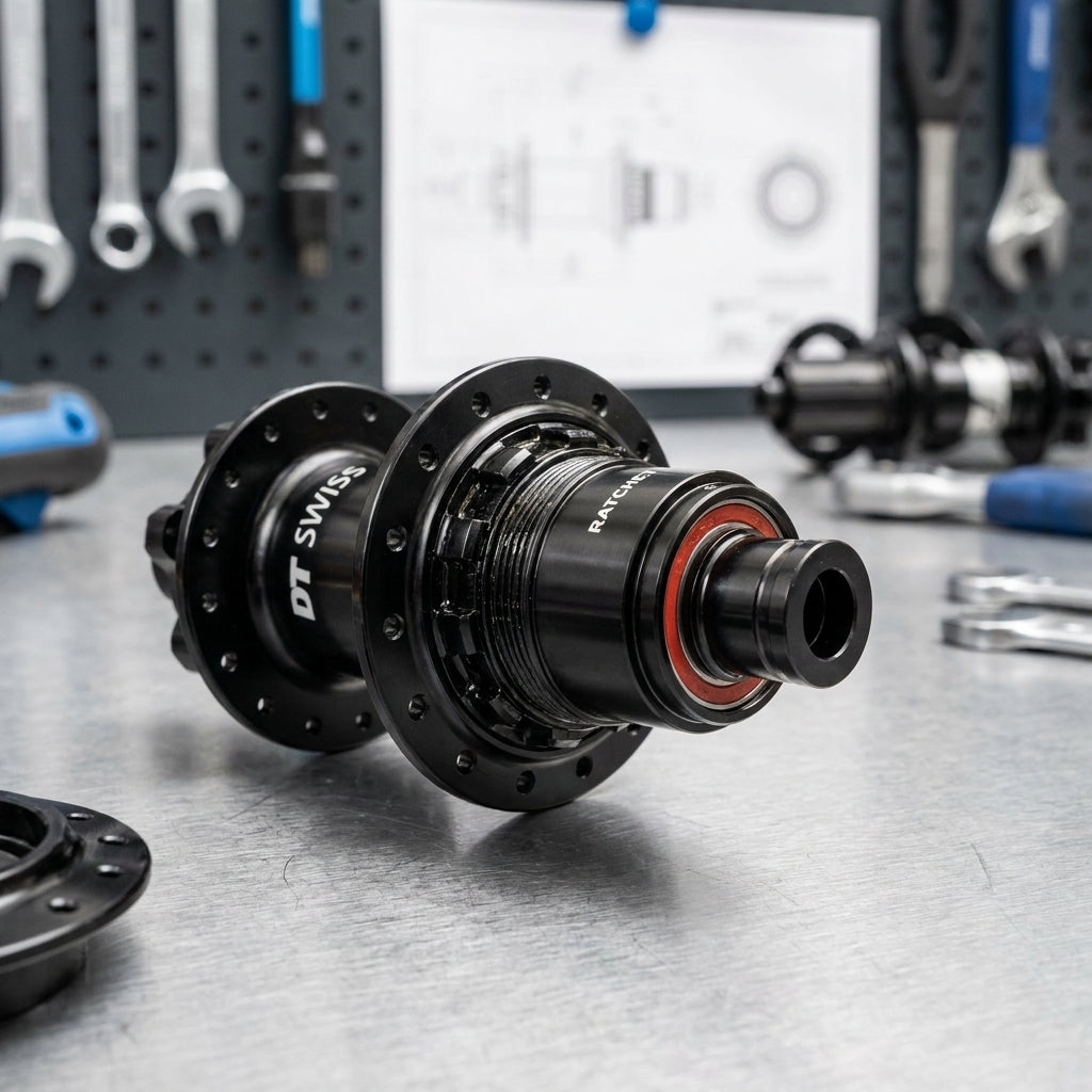 DT Swiss Freilauf Umrüstkit SRAM Ratchet DEG 12x148mm Rot auf Werkbank für moderne Fahrradumrüstung.