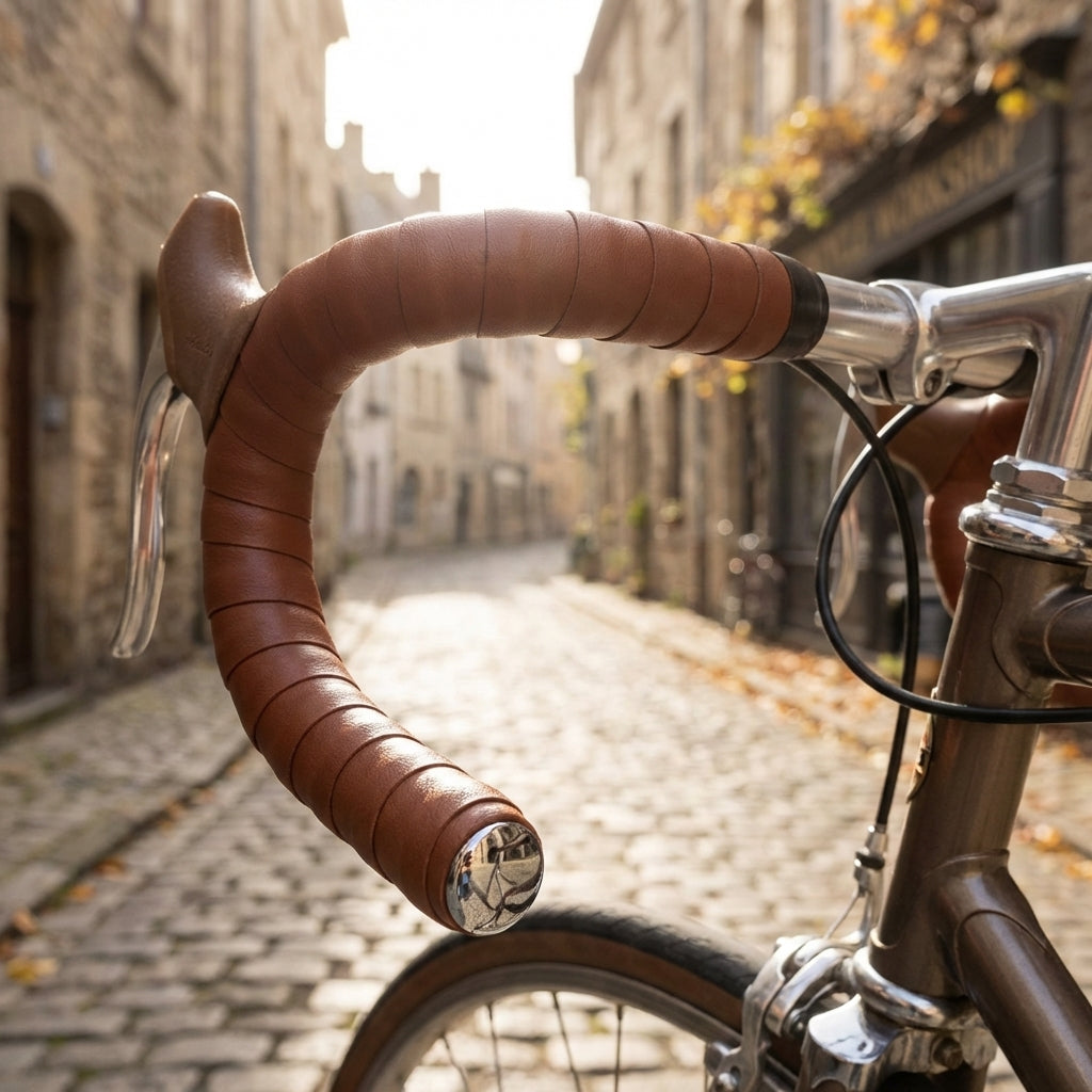 Braunes Velox Lenkerband CLASSIC aus PU mit Stopfen am Fahrradlenker, auf Kopfsteinpflasterstraße im Sonnenlicht.