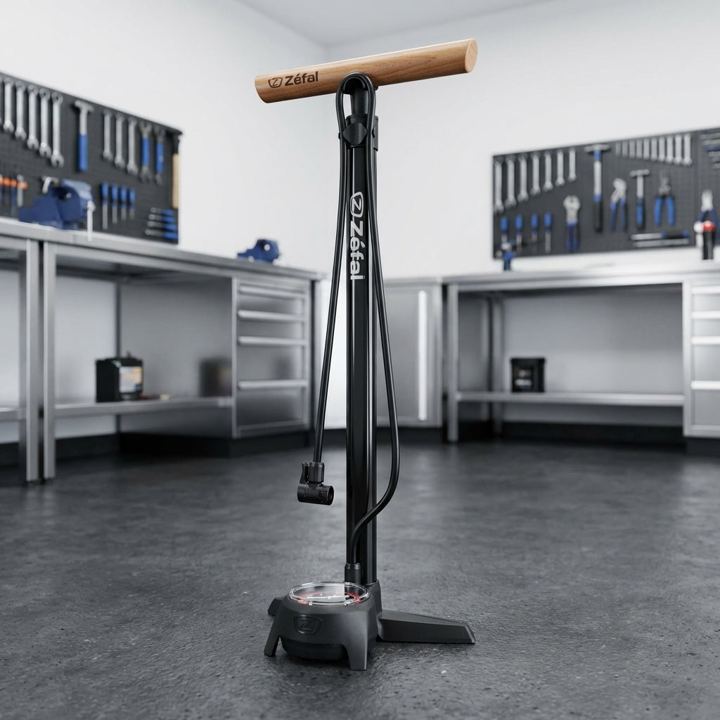 Schwarze Zefal Standpumpe Profil Max FP60 mit Manometer, Holzgriff und Z-Switch in Werkstatt.