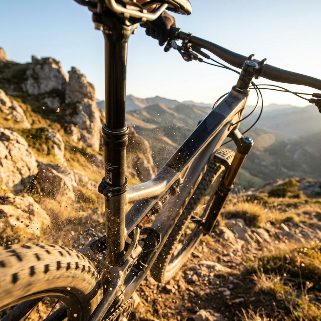 XLC Suspension Dropper SP-S14 Sattelstütze am Mountainbike auf felsigem Trail, Staub fliegt.