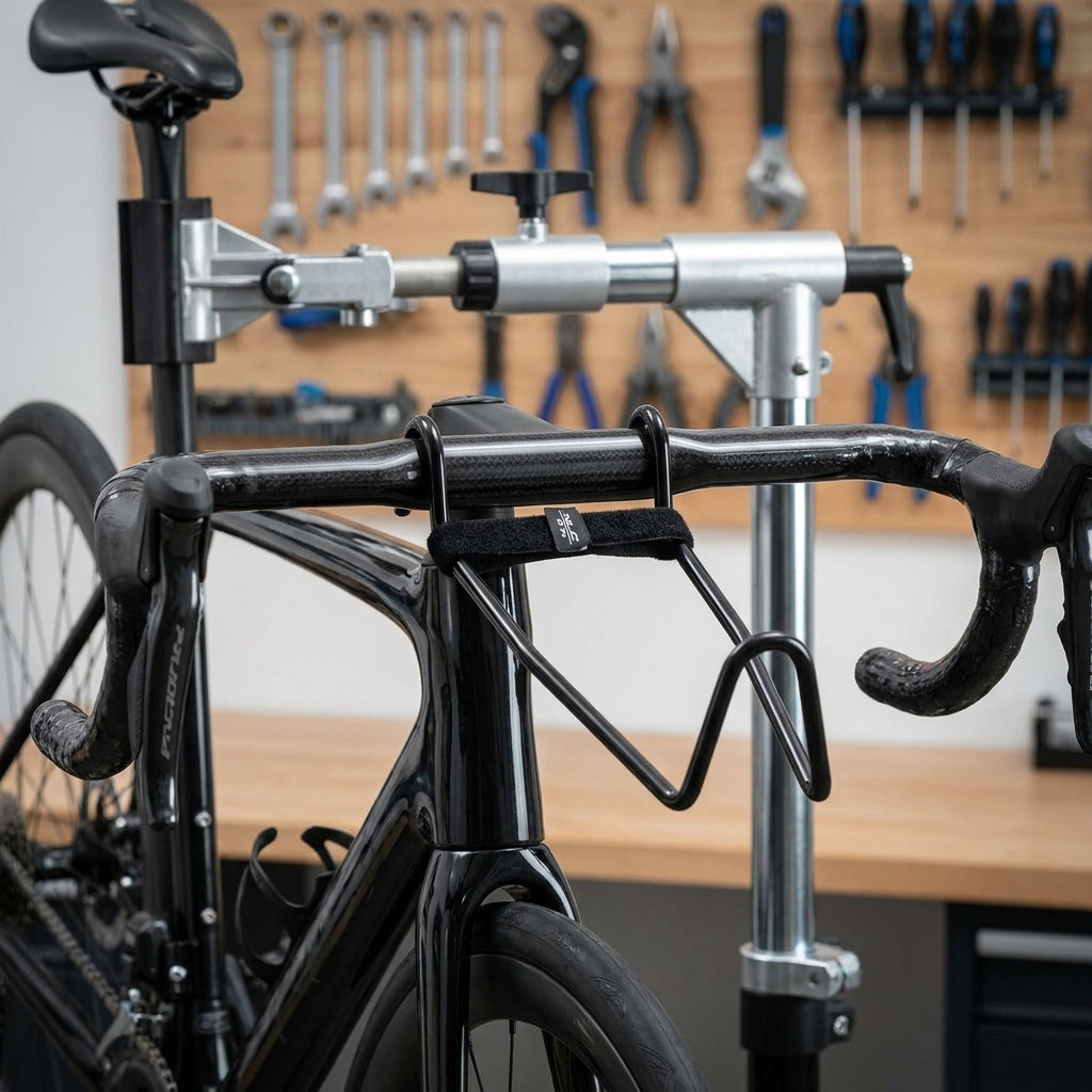 XLC Lenkerbügelstabilisator schwarz am Fahrradlenker montiert in einer Werkstatt.