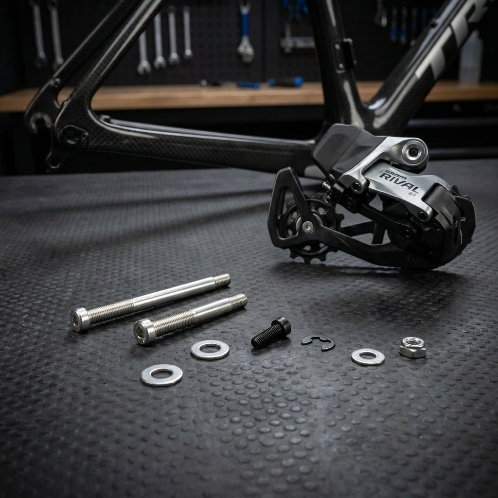 SRAM Rival AXS E1 Schaltwerk, Begrenzungsschrauben-Set und Zubehör für Fahrrad auf Werkbank.