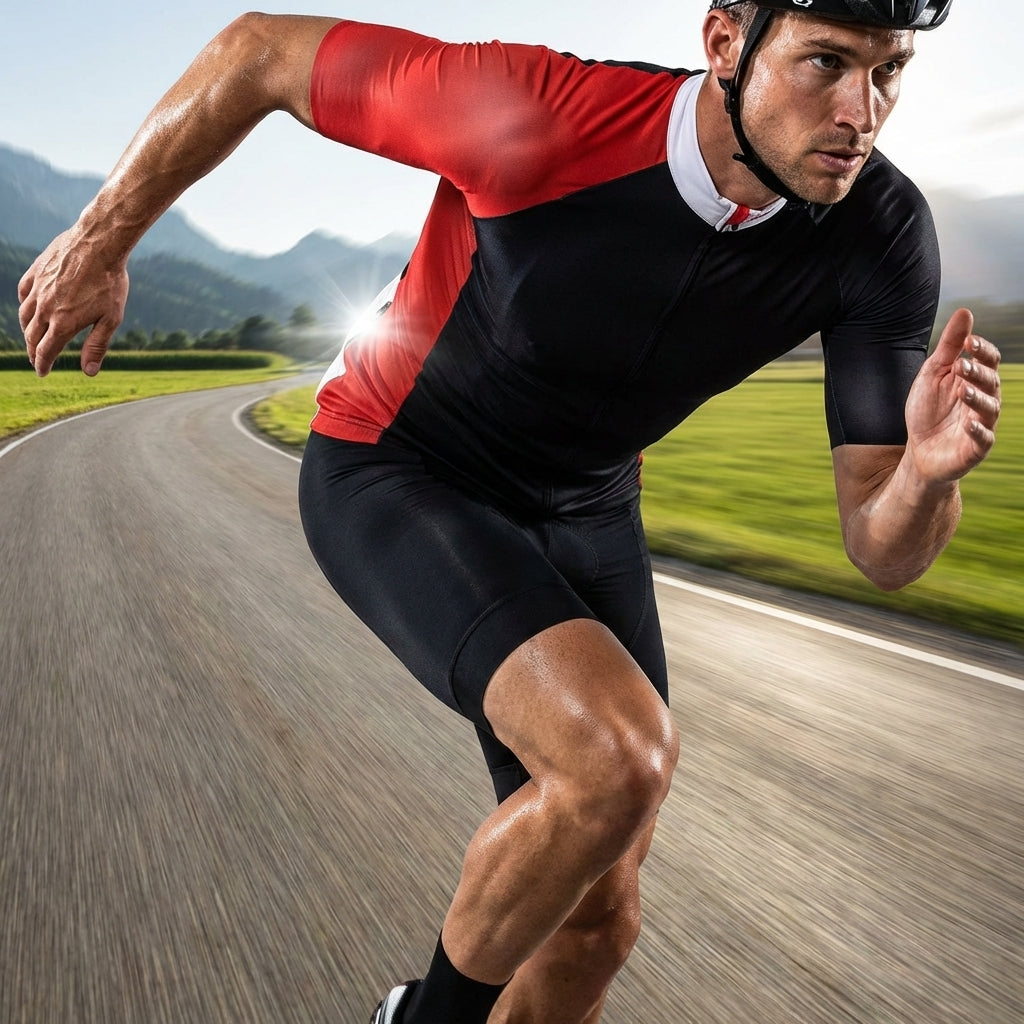 XLC Race Trikot Herren Gr S. Mann im sportlichen Radtrikot auf einer Landstraße in den Bergen.