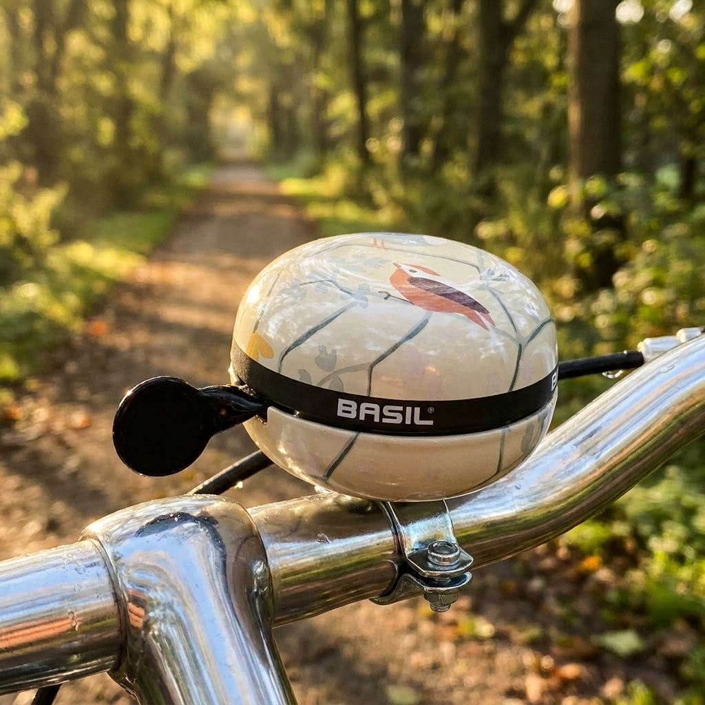 Basil Ding-Dong Fahrradklingel Wanderlust ivory-white mit Vogelmotiv am Lenker im Grünen.