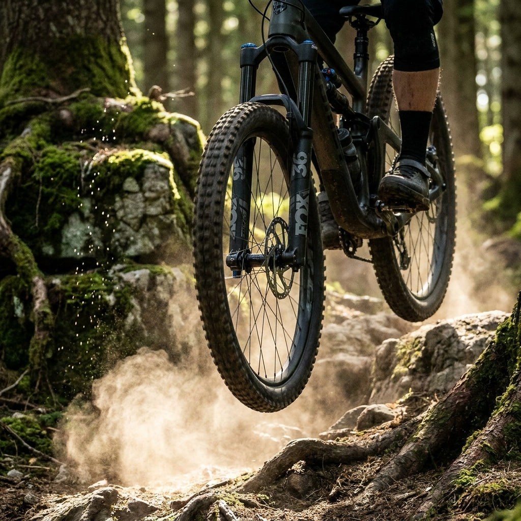 FOX 36 Performance Elite Federgabel am 29 Zoll Mountainbike springt über einen Trail, matte black.
