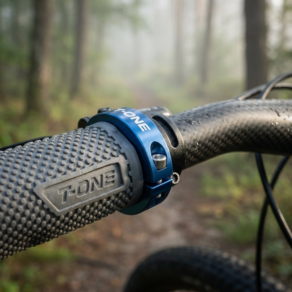 T-One DOT Griffe grau mit blauer 1x Schraubensicherung am Fahrradlenker. Waldweg im Hintergrund.