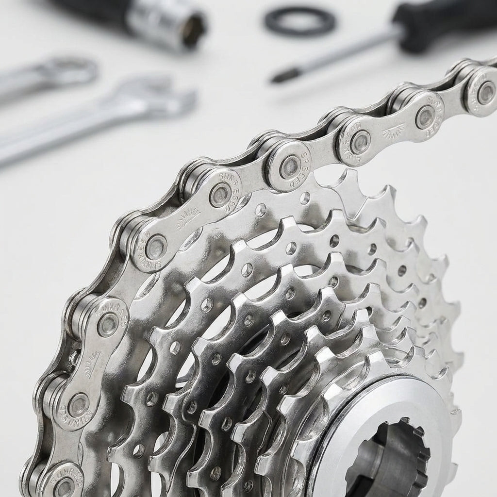 Sunrace CN10A silber 10-fach Fahrradkette auf Kassette für Sram Shimano 10s mit Werkzeugen im Hintergrund.