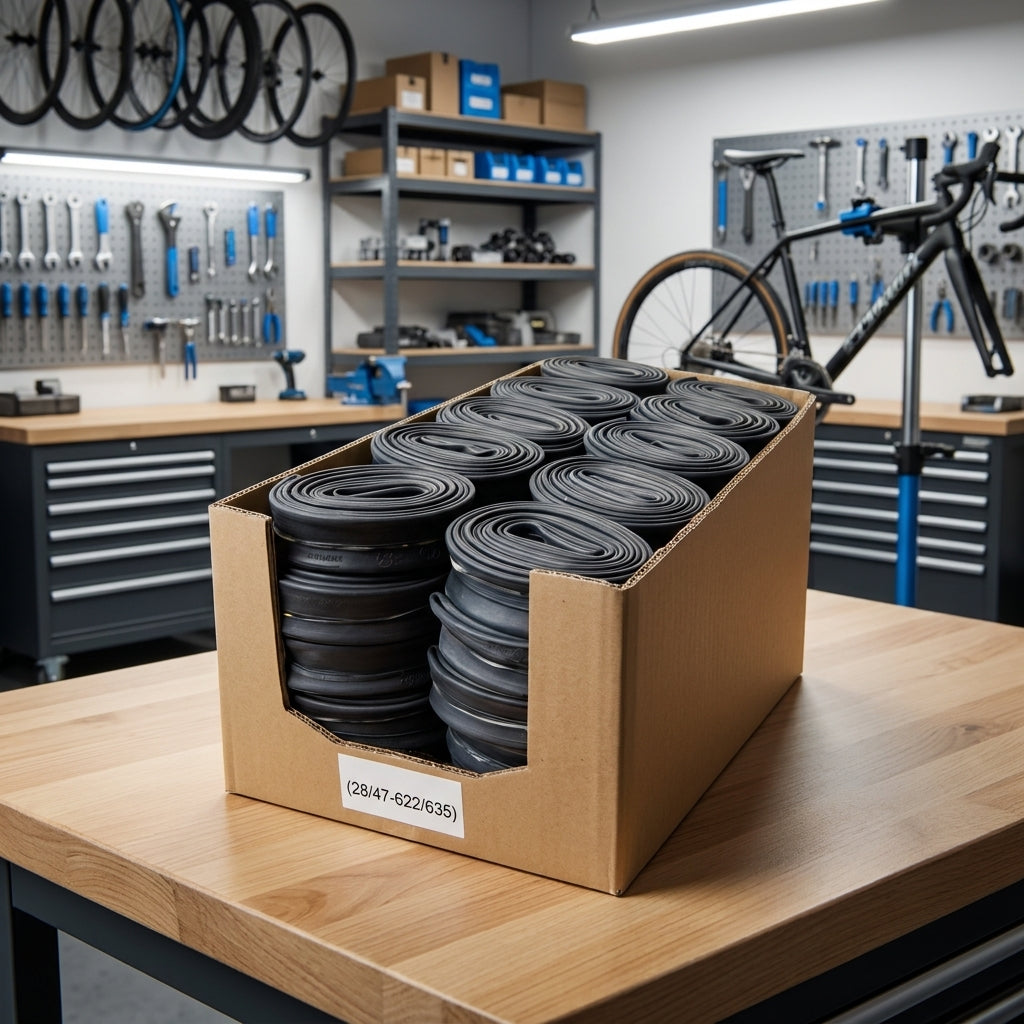 Schwalbe Fahrradschläuche AV13 26 Zoll (40/62-559) in Werkstattverpackung auf Holztisch.