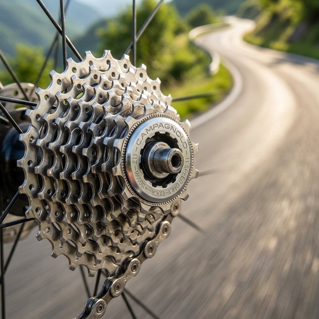 Campagnolo Zahnkranz-Kassette Centaur 11s CS18-CE22 12-32 Z. am Fahrrad auf kurviger Straße.