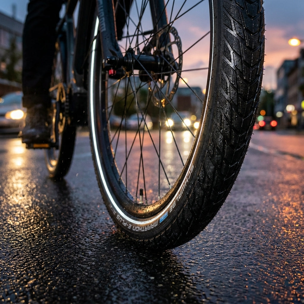 Schwalbe Marathon E-Plus Reifen 28x1.75" schwarz Reflex E-50 auf nasser Fahrbahn bei Dämmerung.