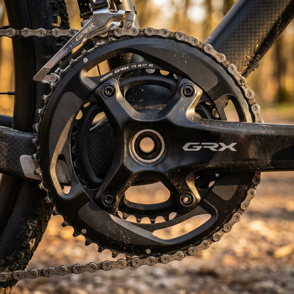 Shimano GRX FC-RX810-2 Kettenblatt 48 Zähne (für 48-31T) am Fahrrad-Antrieb, mit Kurbel und Kette.