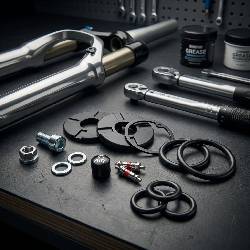 RockShox Reba/Pike Air Service Kit: Dichtungen, Ventile, Werkzeuge, Schmierfett für Fahrradgabel-Wartung.