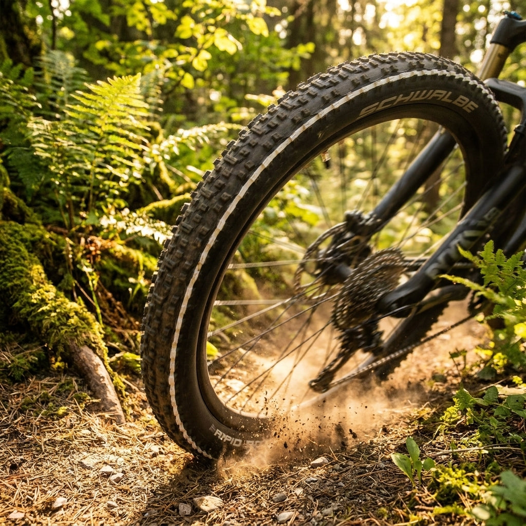 Schwalbe Rapid Rob 29x2.25 Mountainbike-Reifen auf Waldweg, Staub aufwirbelnd.