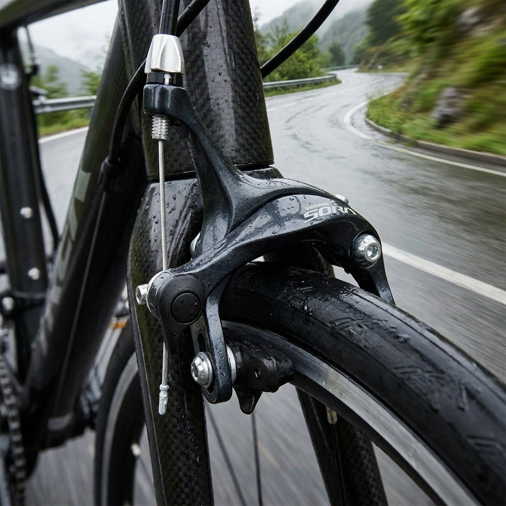 SHIMANO SORA BR-3000 Felgenbremse vorne für Rennrad, nass auf kurviger Bergstraße.