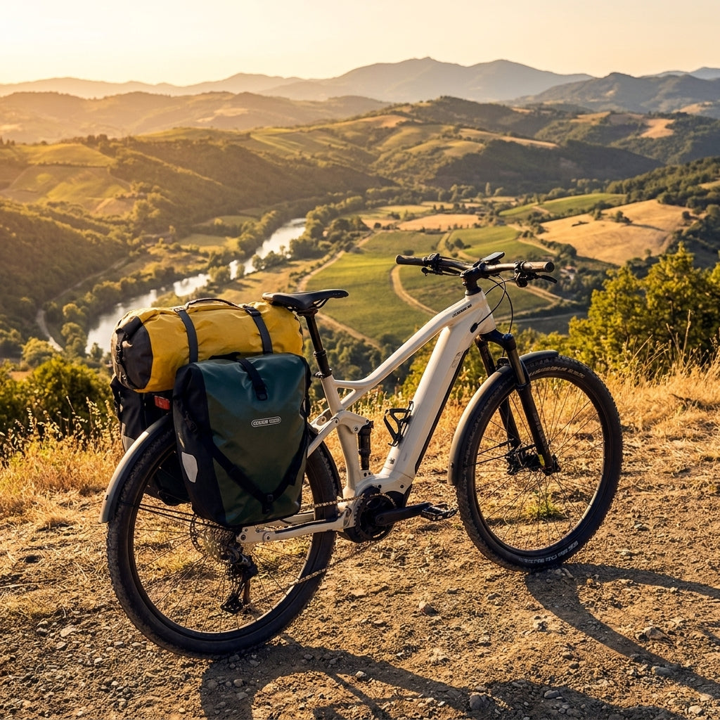 Centurion Racktime Zusatzstreben-Set am beladenen E-Bike, 30 kg Traglast in malerischer Landschaft.