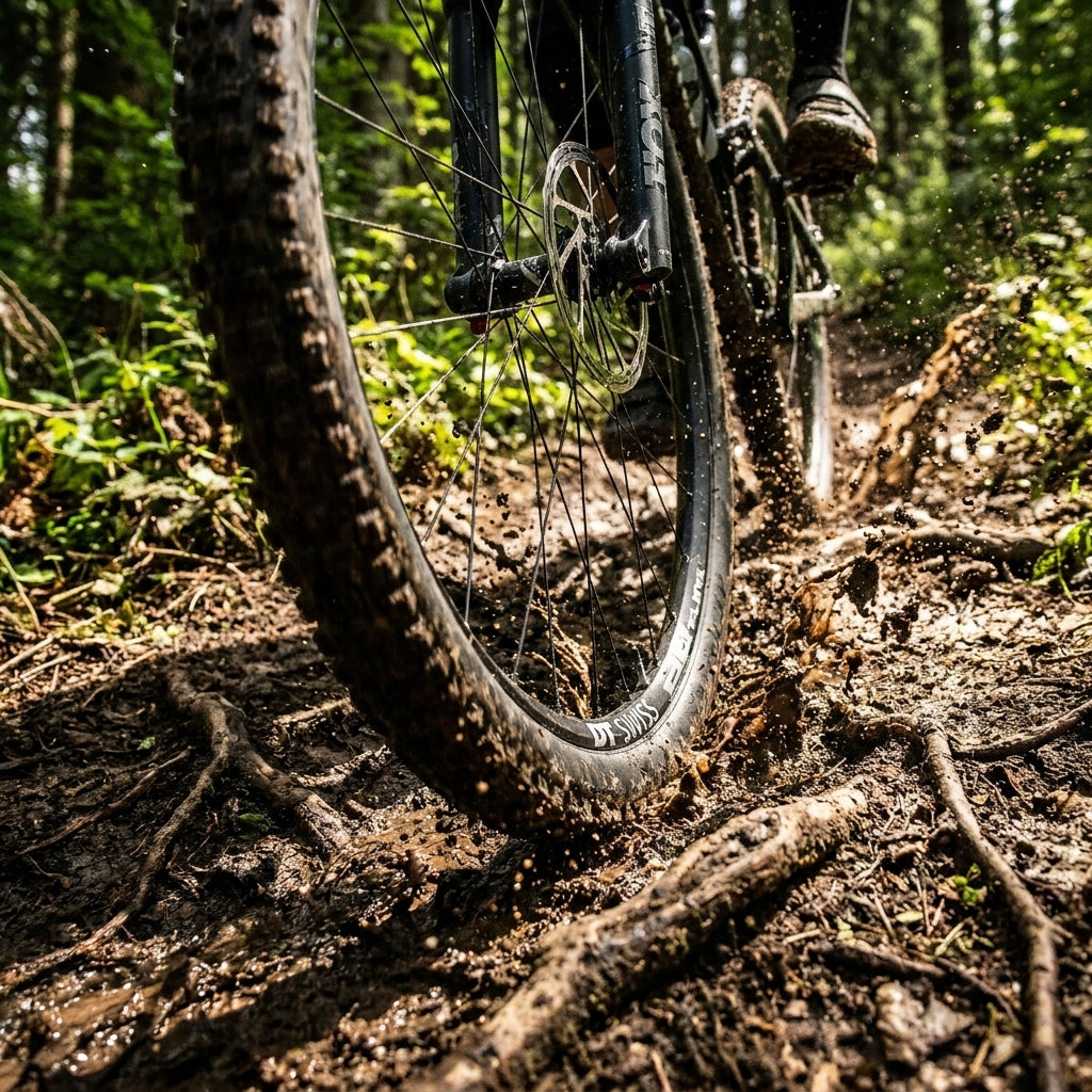 Robustes DT Swiss E 1900 SPLINE Enduro-Laufrad 29" auf schlammigem Mountainbike-Trail im Wald.