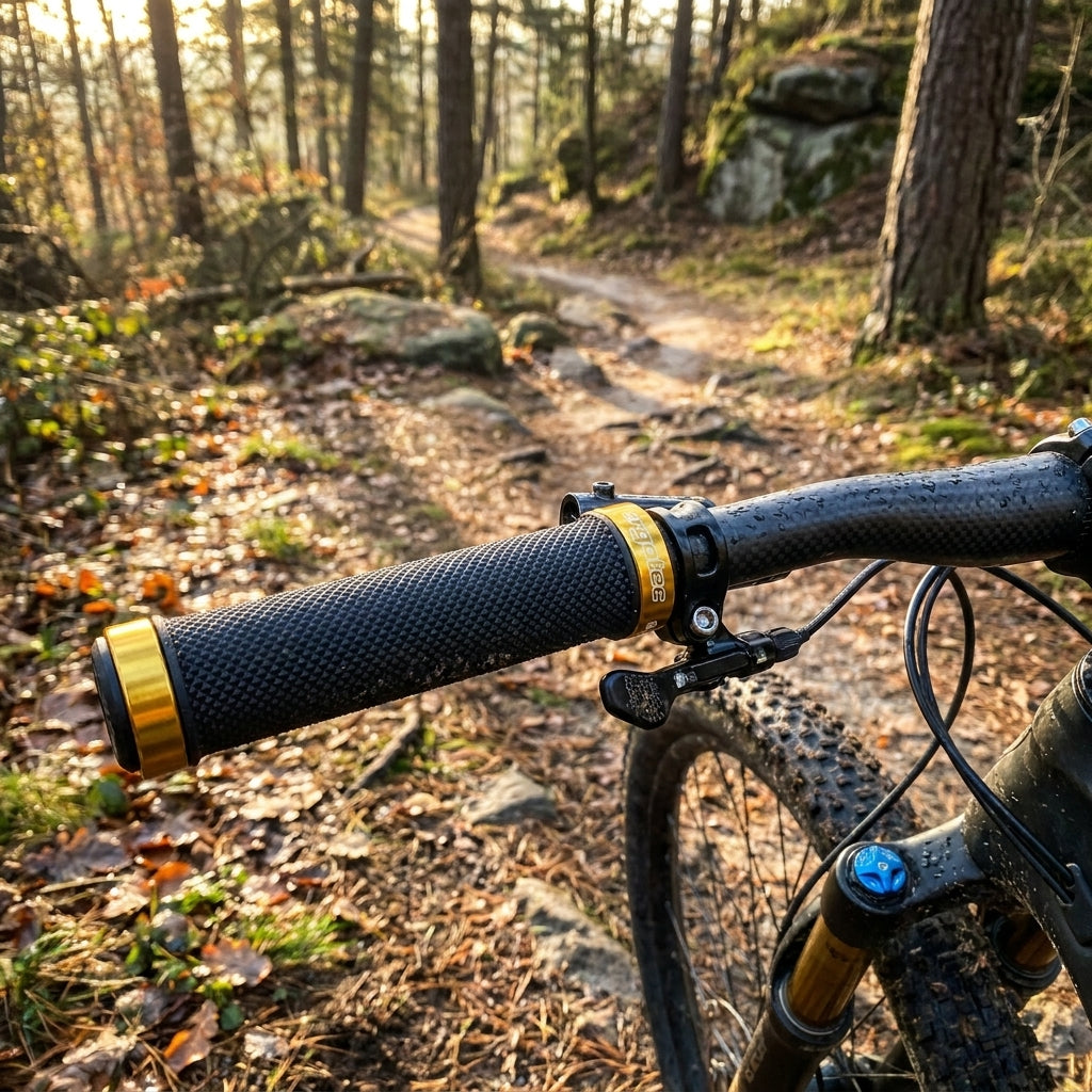 Ergotec MTB-Griffe Kraton schwarz mit goldener Klemmung am Lenker eines Mountainbikes auf Waldweg.
