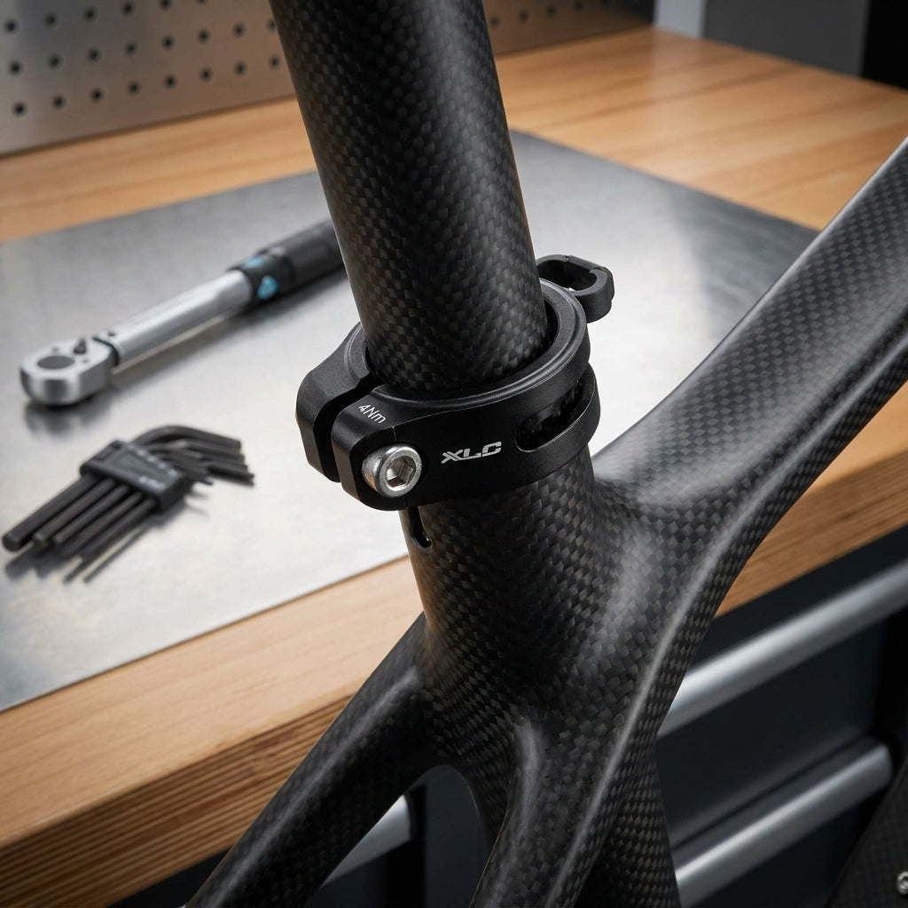 XLC All MTN Sattelstützklemmring schwarz Ø 31,6mm an Carbonrahmen, mit Drehmomentschlüssel und Inbusschlüsseln.