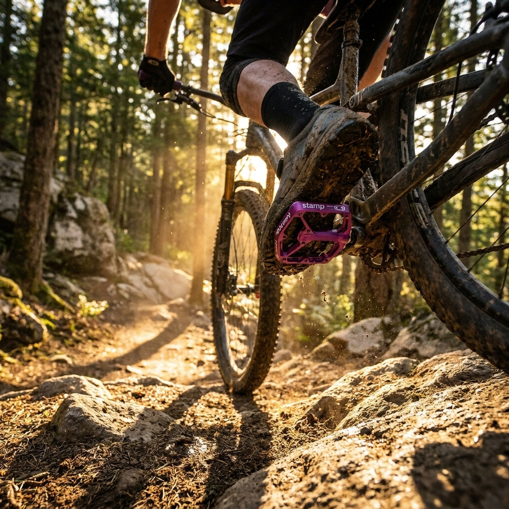 Crankbrothers Stamp 7 Large Plattform-Pedal lila am Mountainbike in Aktion auf felsigem Trail.
