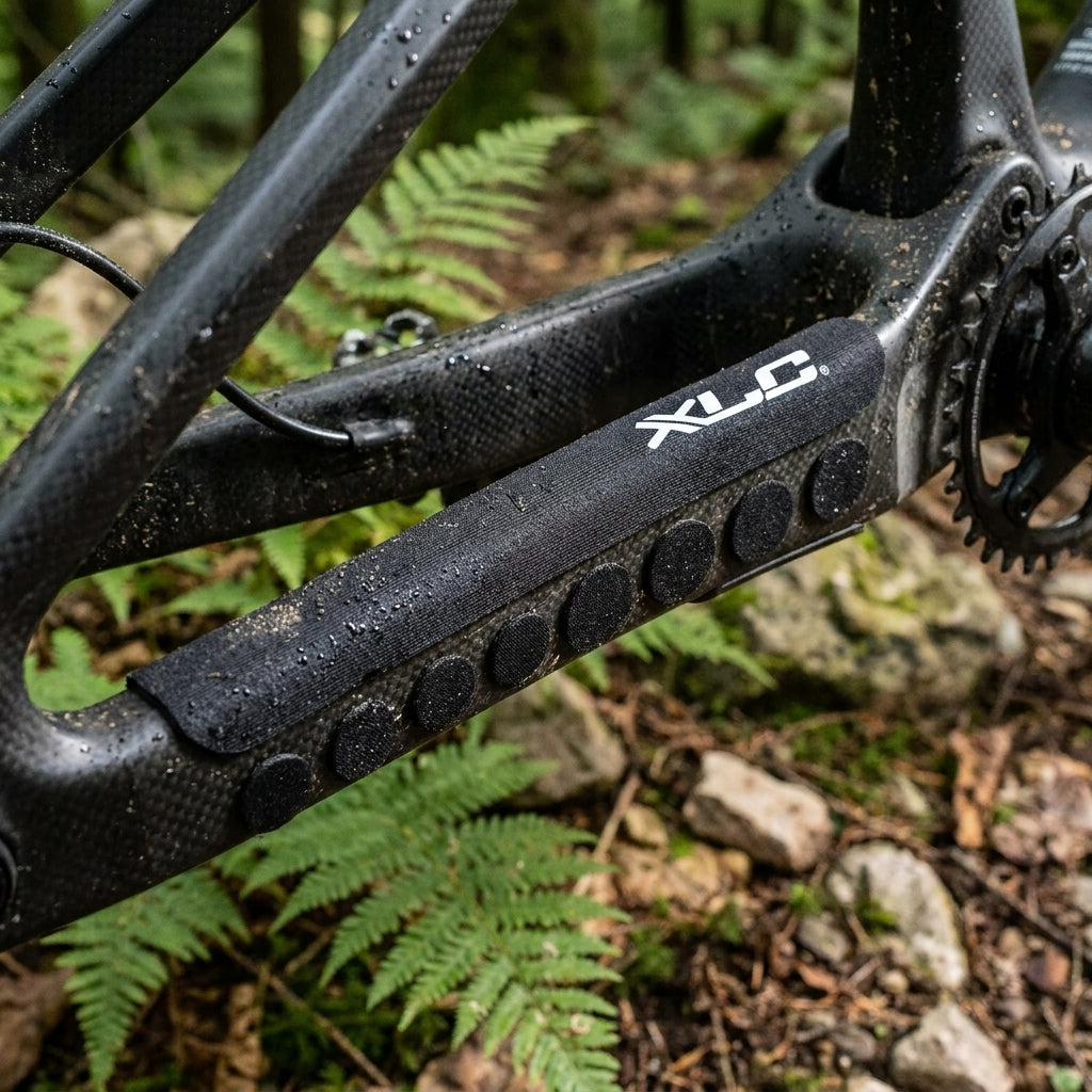 XLC Kettenstrebenschutz-Set CP-N03 carbon schwarz auf nassem Fahrradrahmen im Wald.