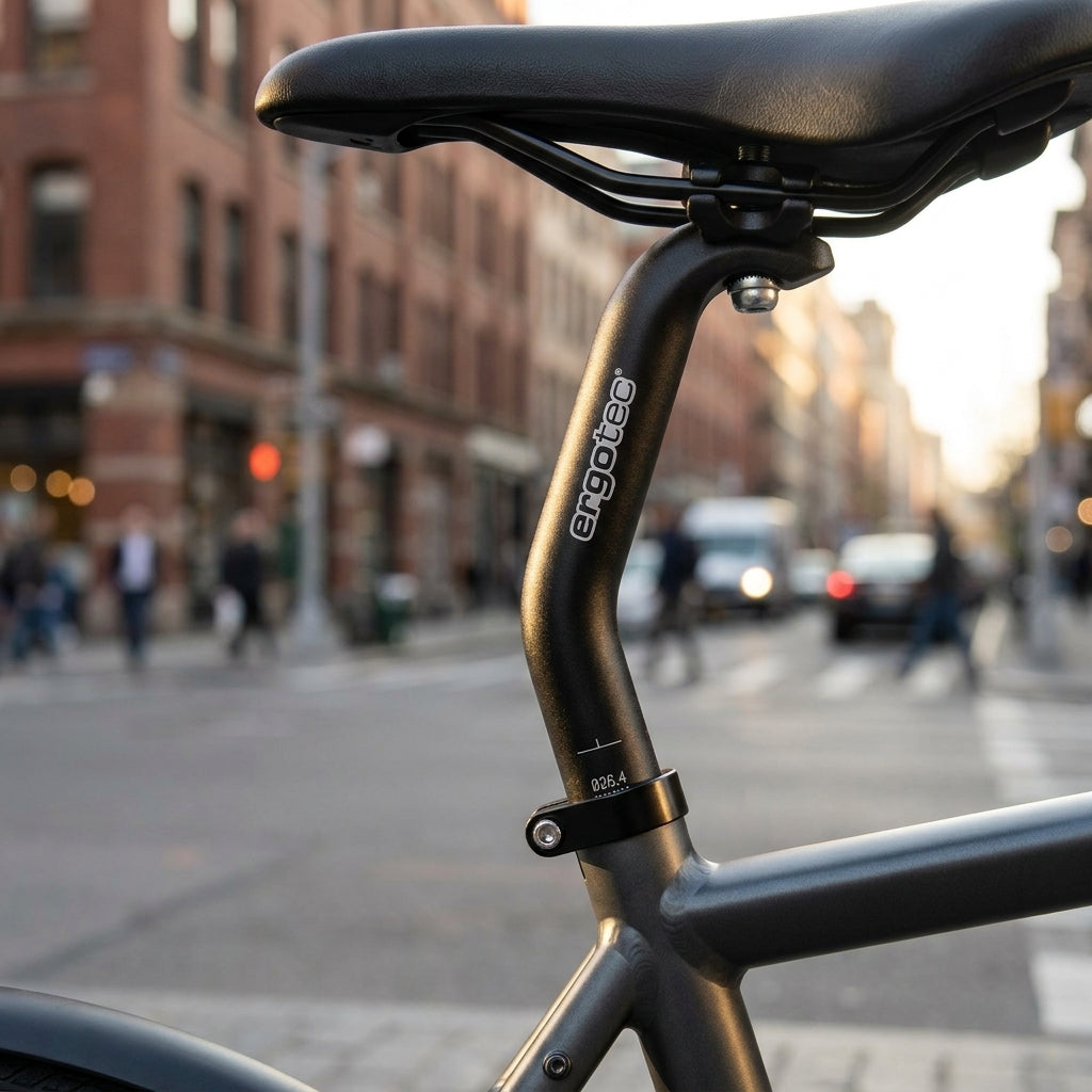 Ergotec Patentsattelstütze Hook in Schwarz am Fahrrad mit Stadtkulisse.