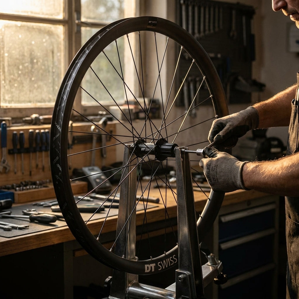 DT Swiss Speichenkit EXC 1200 Classic 29 Zoll Schwarz: Mechaniker bei Laufradreparatur in Werkstatt.