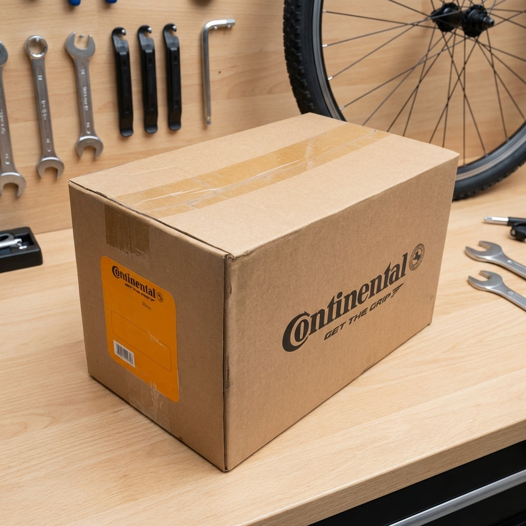 Continental Schlauch Tour 28 all DV 40mm Werkstattverpackung, brauner Karton auf Werkbank mit Fahrrad und Werkzeug.