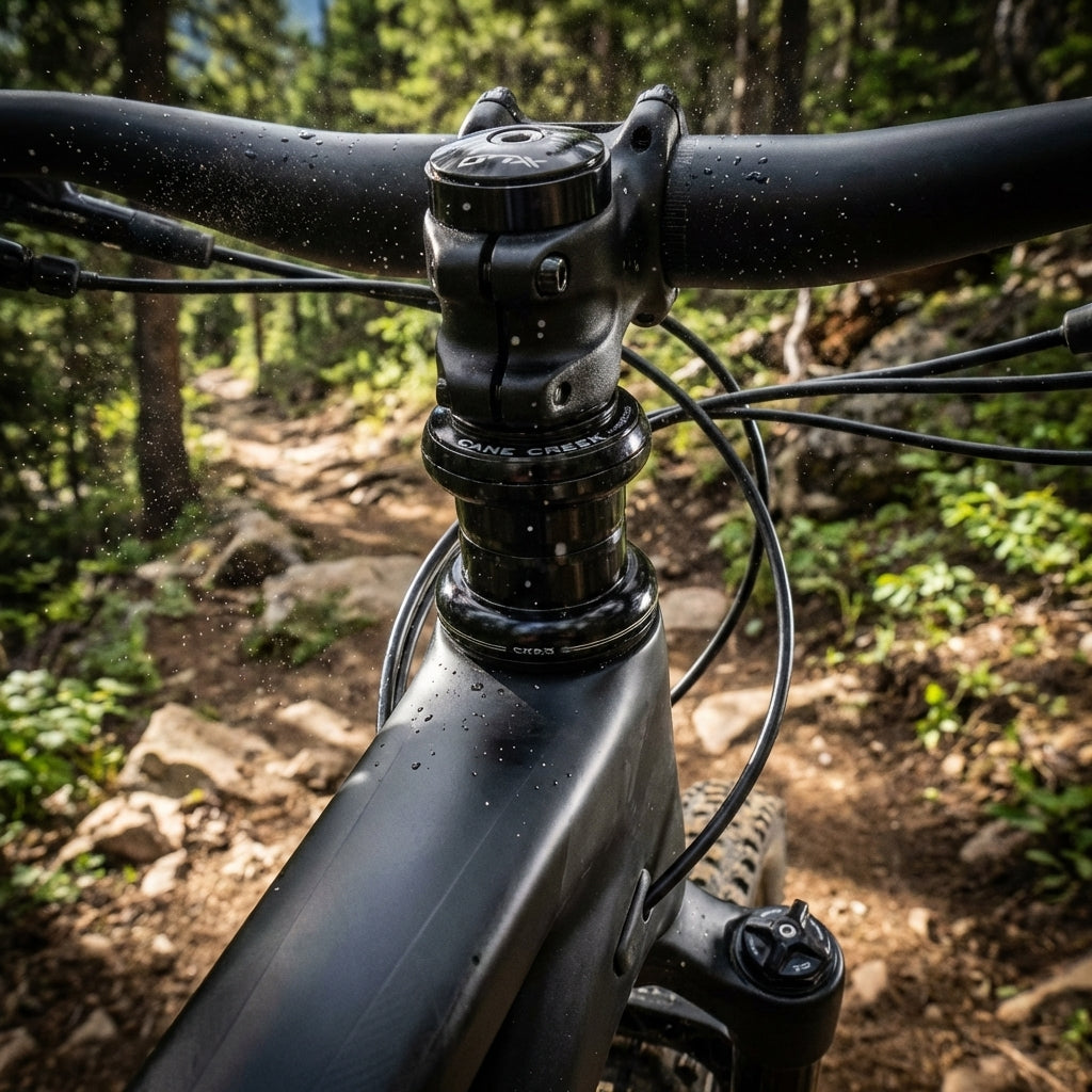 Schwarzer XLC A-Head-Steuersatz MTB HS-A04 an einem nassen Mountainbike auf einem Waldweg.