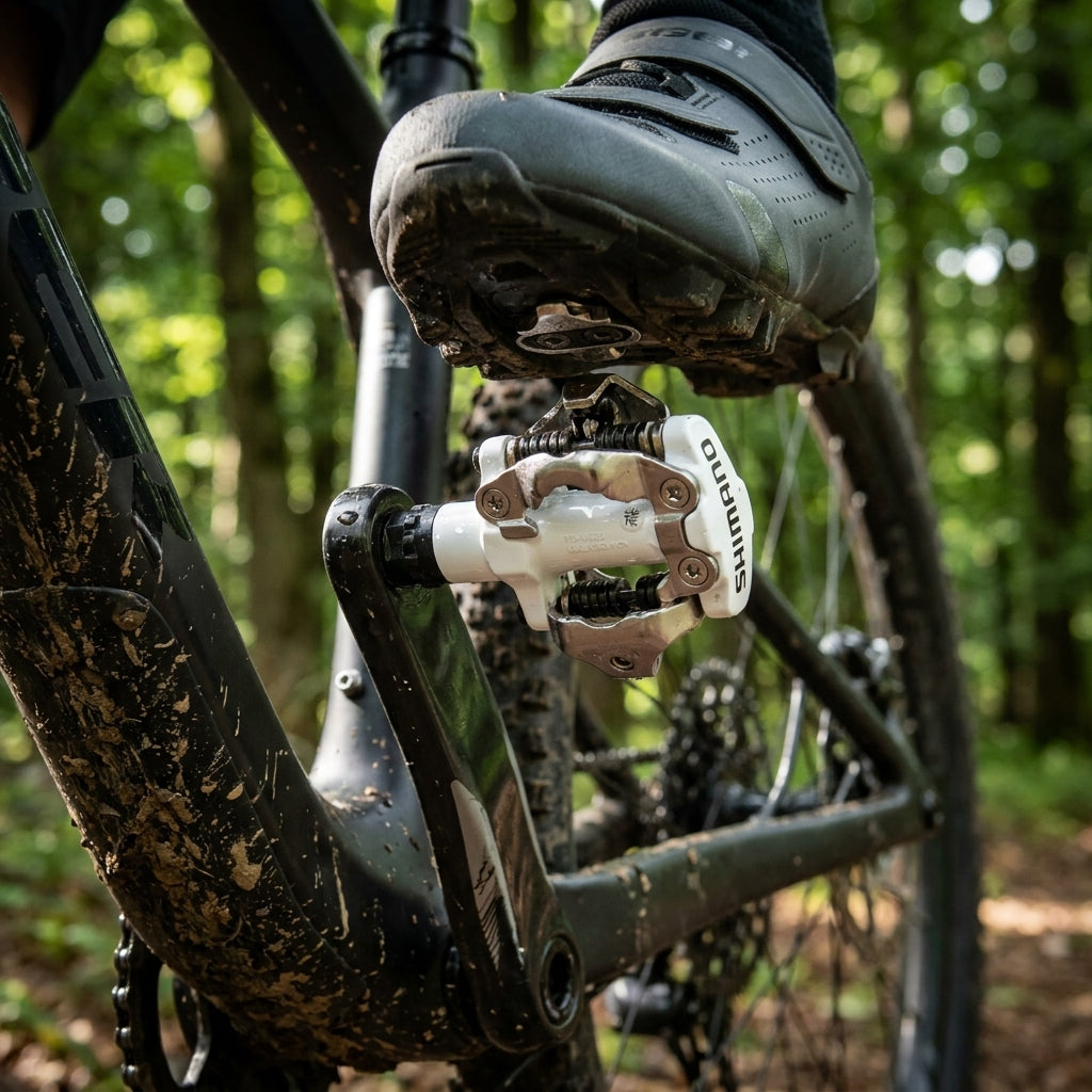 Weißes SHIMANO PD-M520 SPD-Pedal am schlammigen Mountainbike, Schuh eingeklickt. Ideal für MTB und Trekking.