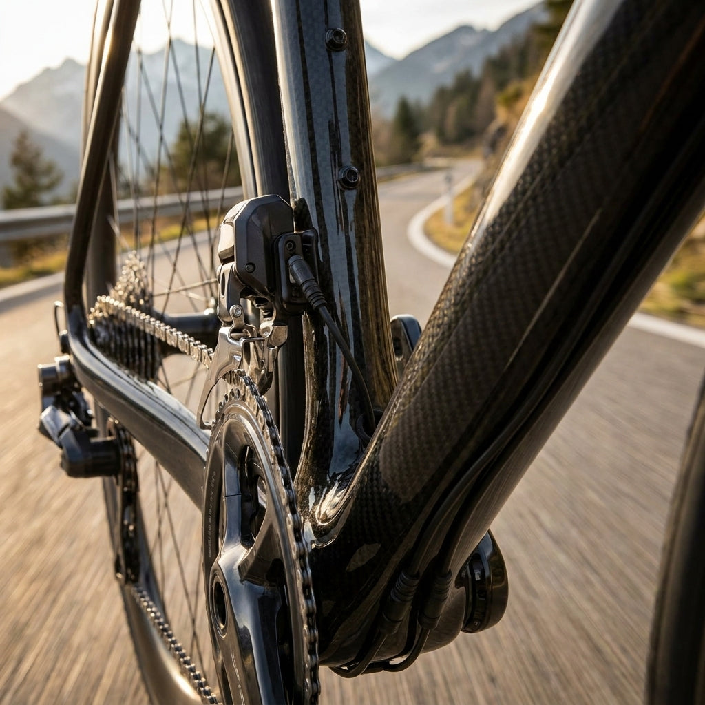 Shimano Di2 EW-SD50 Stromkabel an Carbon-Rennrad-Umwerfer, sichtbar am Antrieb auf kurviger Bergstraße.