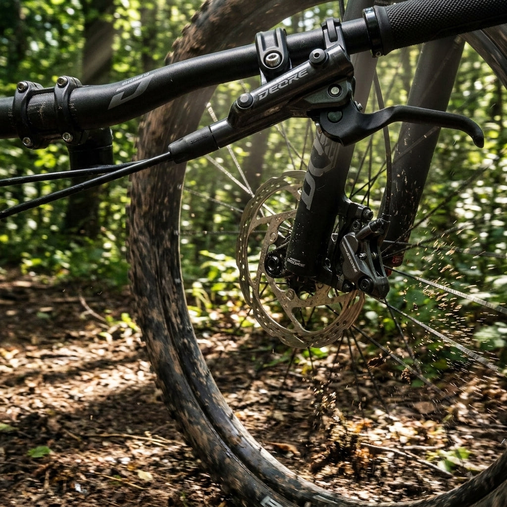 Kraftvolle SHIMANO DEORE Scheibenbremse am Mountainbike im Einsatz auf schlammigem Wald-Trail.