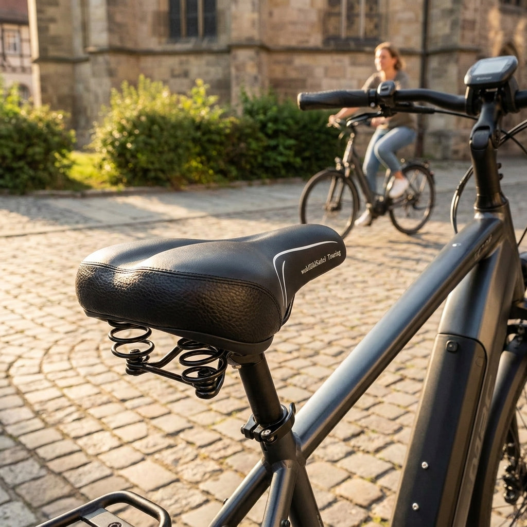 P&P Bequemsattel Touring Feder 578 schwarz, gefederter Fahrradsattel auf einem E-Bike.