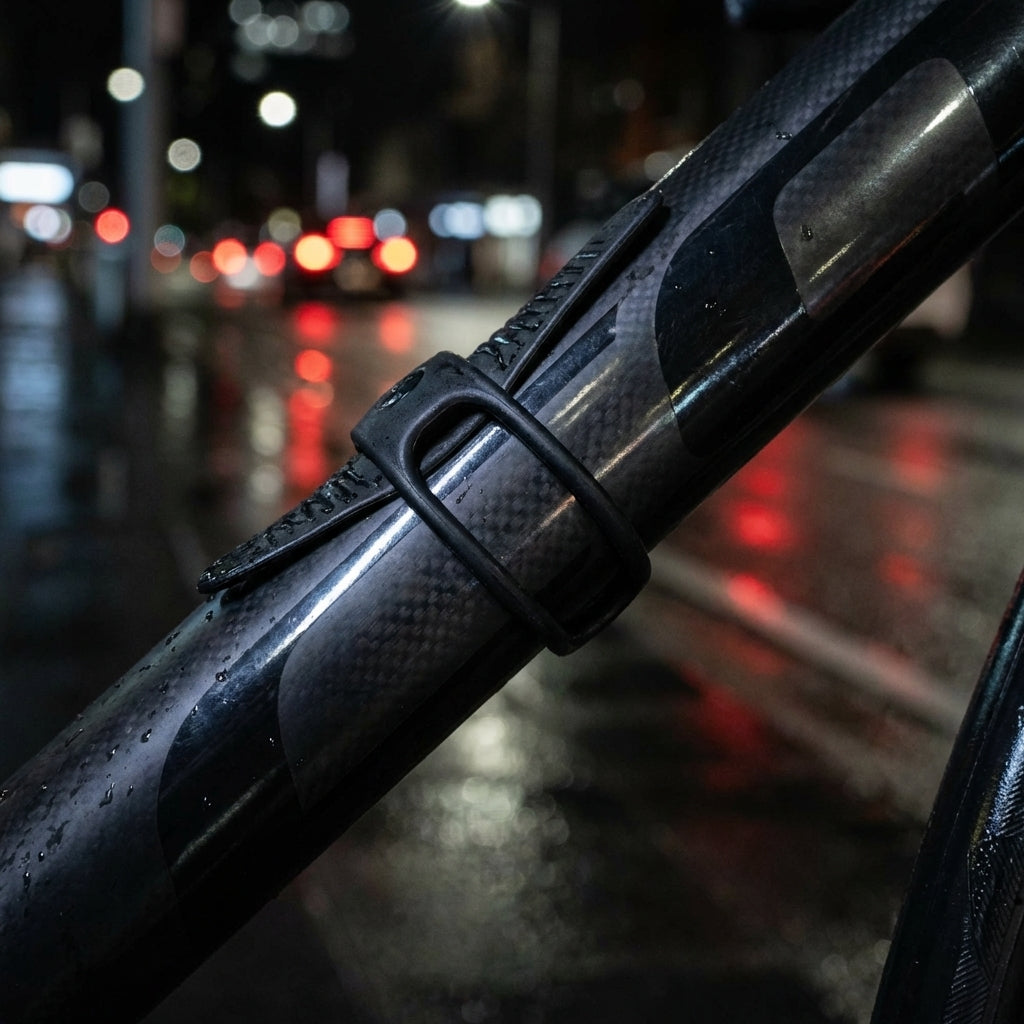 Knog Riemen Set kurz und lang schwarz für Plug und Plugger Lampen am Carbon-Fahrradrahmen bei Nacht.