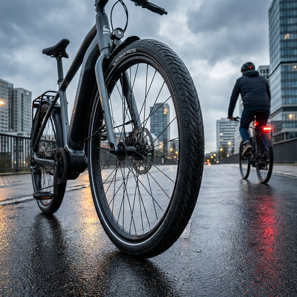 Michelin Protek E-25 Fahrradreifen 28 Zoll mit Reflexstreifen auf nassem Asphalt in der Stadt. Ein Radfahrer im Hintergrund.