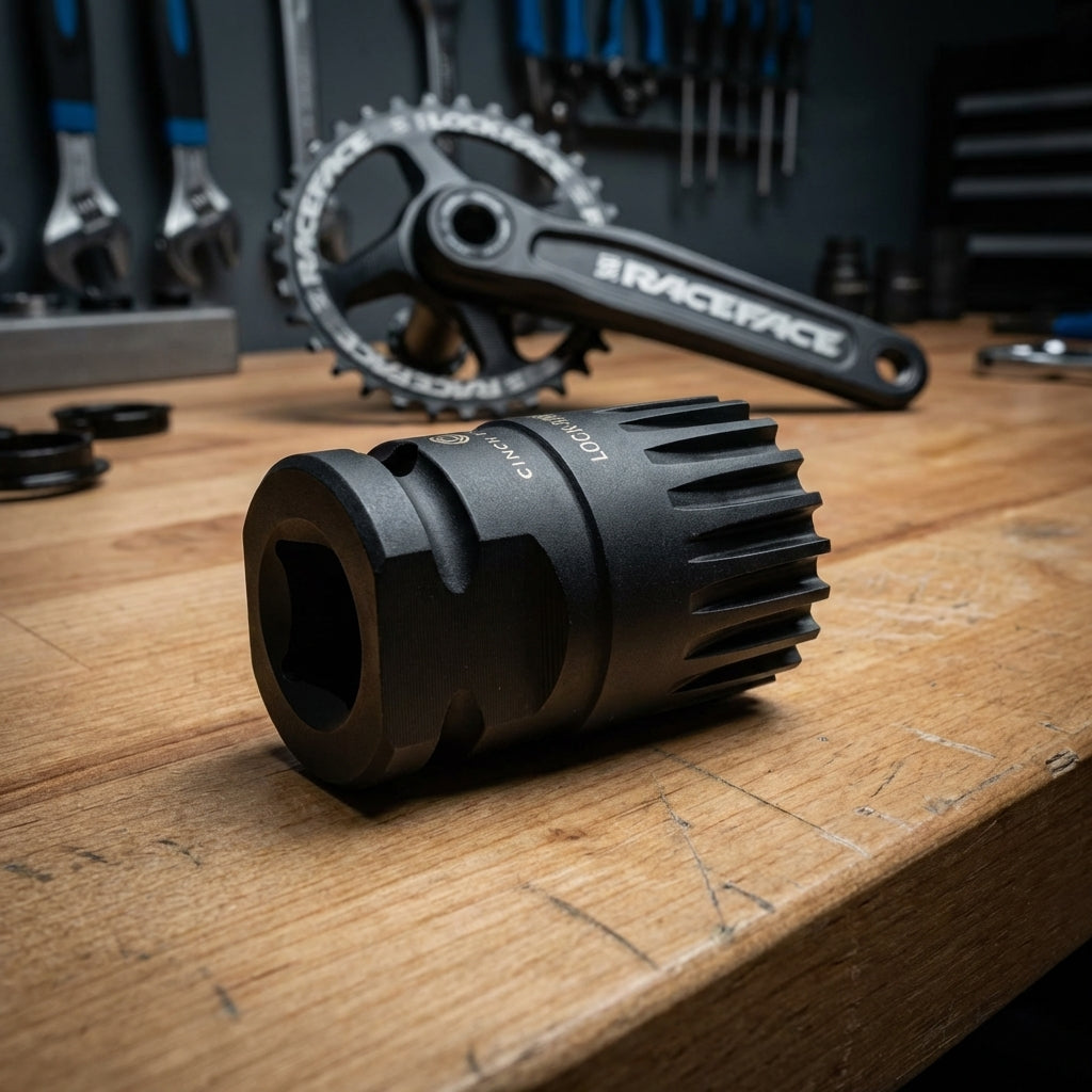 Race Face Cinch Lock Ring Tool in Schwarz für präzise Montage von Kettenblättern an Cinch Kurbeln.