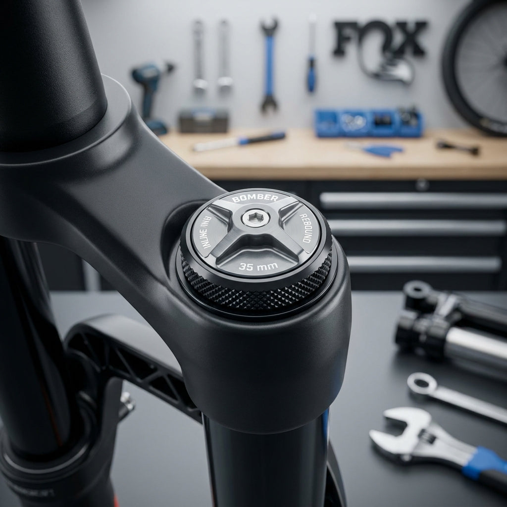 FOX Decal Bomber Inline Rebound silber auf Mountainbike-Fahrwerk. Präzise Markierungen für Federungs-Tuning.