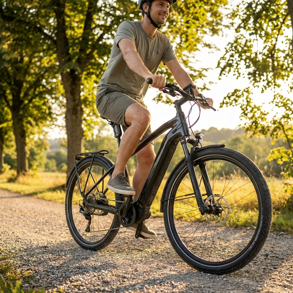 Mann fährt E-Bike mit by,schulz Federstütze G.2 LT Soft 31,6 x 380 mm schwarz, genießt hohen Fahrkomfort.