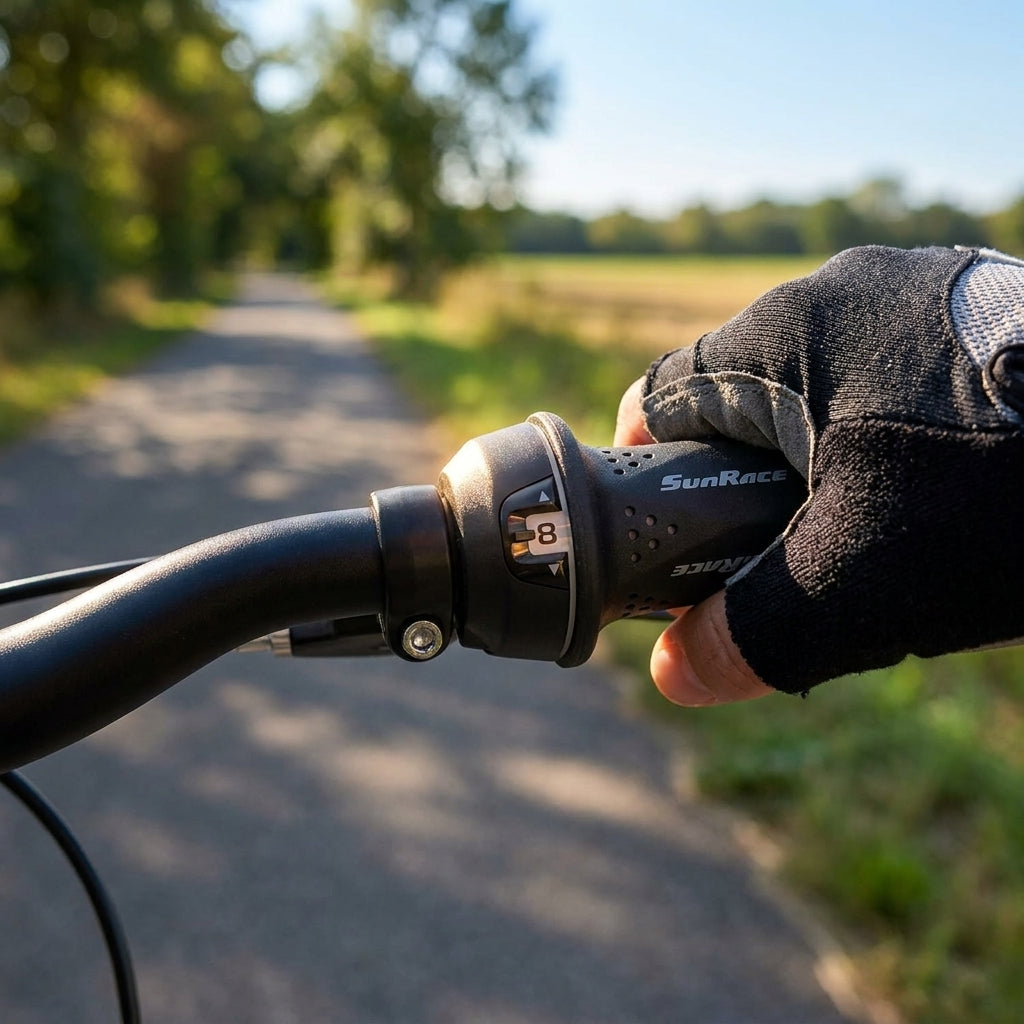 SunRace TSM21 8-fach Twist Shifter rechts am Fahrradlenker, von Hand gehalten.