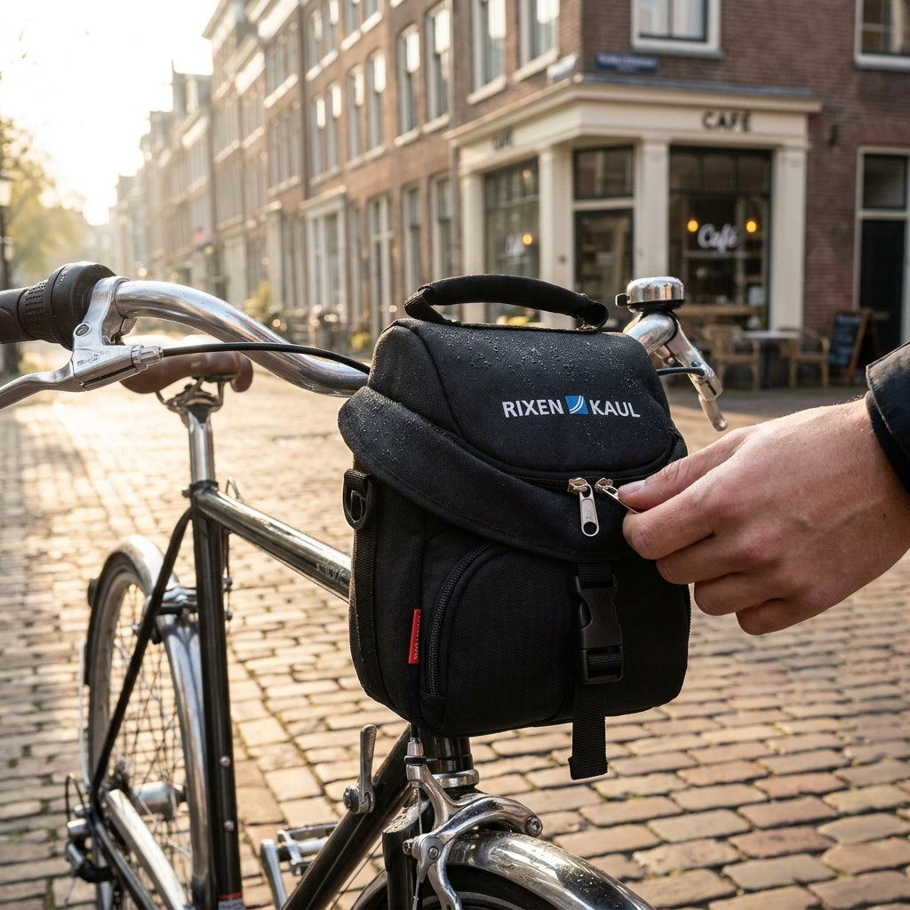 Schwarze Rixen & Kaul ALLROUNDER XS Lenkertasche am Fahrrad mit Wassertropfen, Hand öffnet Reißverschluss.