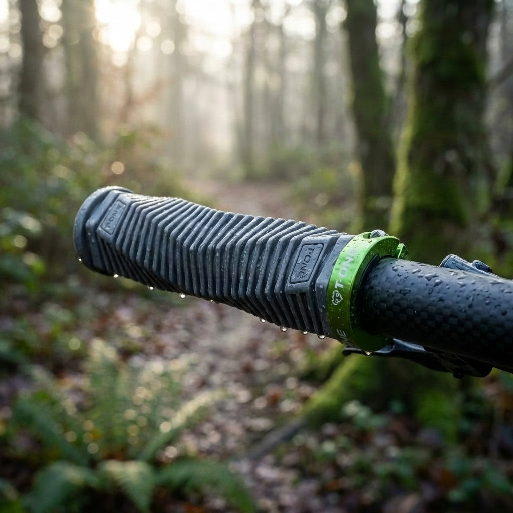 T-One Griffe DNA grau grün mit Schraubensicherung am Fahrradlenker im Wald mit Wassertropfen.