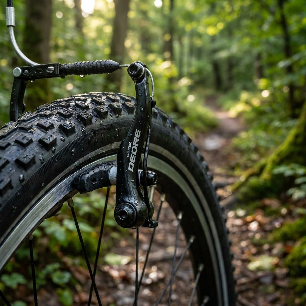 SHIMANO DEORE BR-T610 V-Brake am Trekking-Fahrrad auf schlammigem Waldweg.