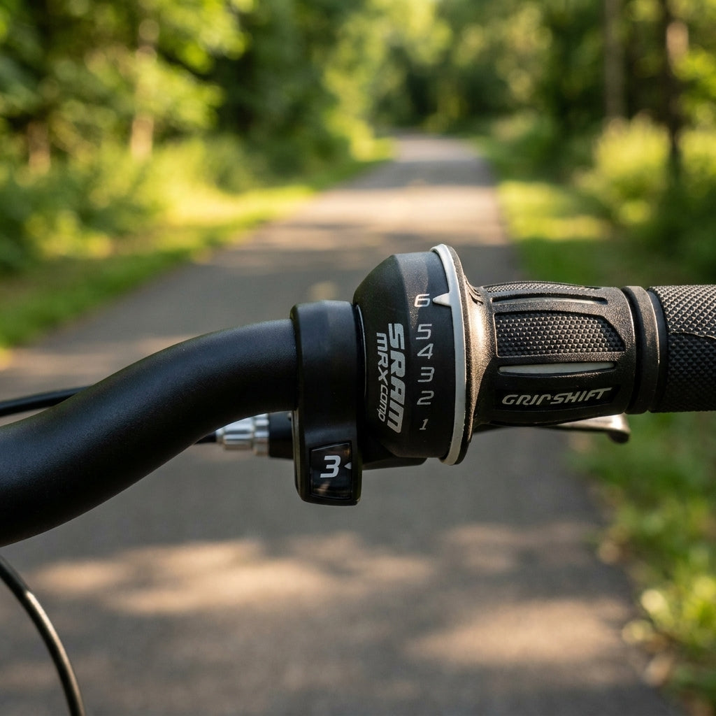 SRAM MRX Comp Drehgriff-Schalter 6-fach am Fahrradlenker, mit GRIPSHIFT-Logo.