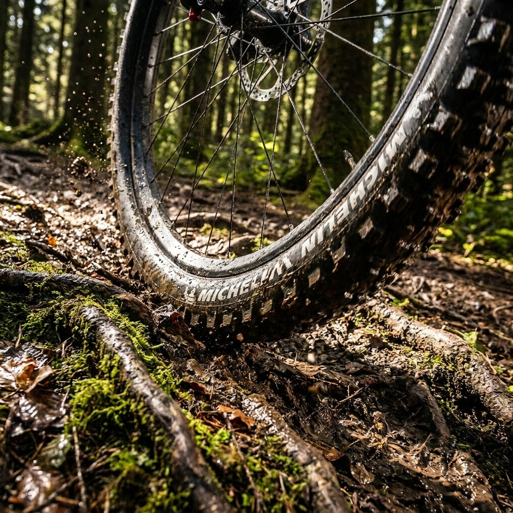 Michelin Wild AM Competition Reifen 27.5 Zoll auf nassem Waldweg über Wurzeln, Schlamm spritzt hoch.