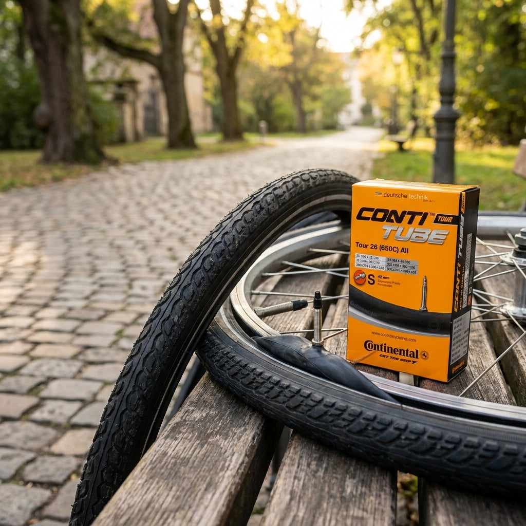 Continental Fahrradschlauch Tour 26 mit Sclaverand-Ventil 42mm, Box auf Parkbank neben Fahrradreifen im Park.
