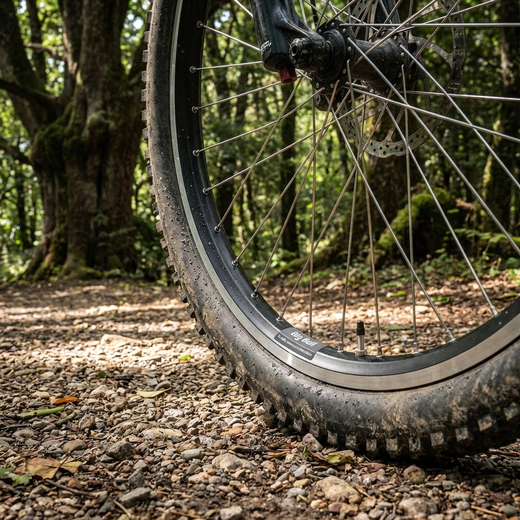 Ryde Felge BIG BULL 25-622 schwarz, montiert an Mountainbike auf sonnigem Schotterweg im Wald.